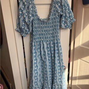 Hill House Home Smocked Blue and White Printed Midi Dress